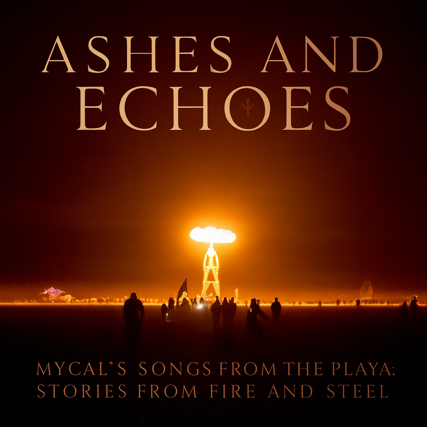 Ashes and Echoes album cover featuring a Burning Man-inspired scene